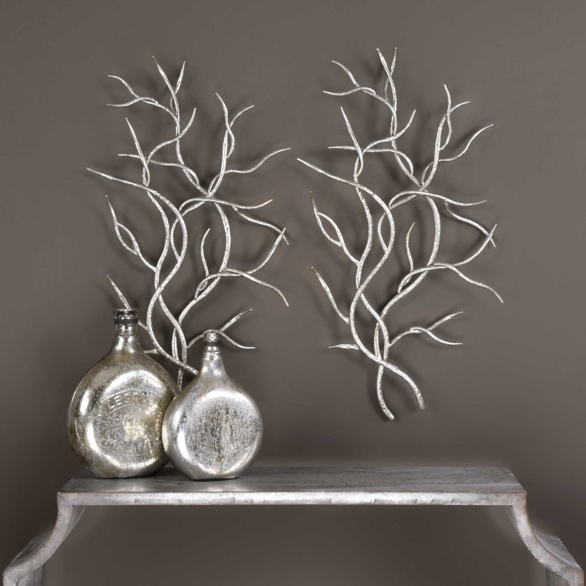 Silver Branches Wall Art Set/2, Sculptural Wall Art by Uttermost, 20" width x 36.75" height x 3" depth View 2