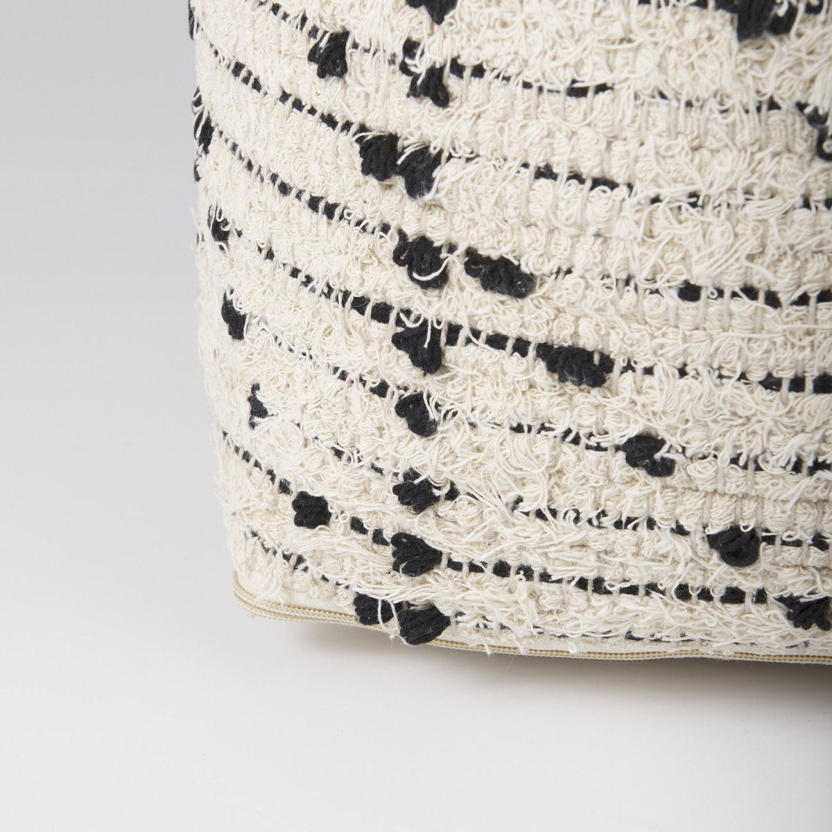 Aarohi  Cream/Black Cotton Patterned Pouf, Ottoman by Mercana, 16" length x 16" width x 16" height View 11