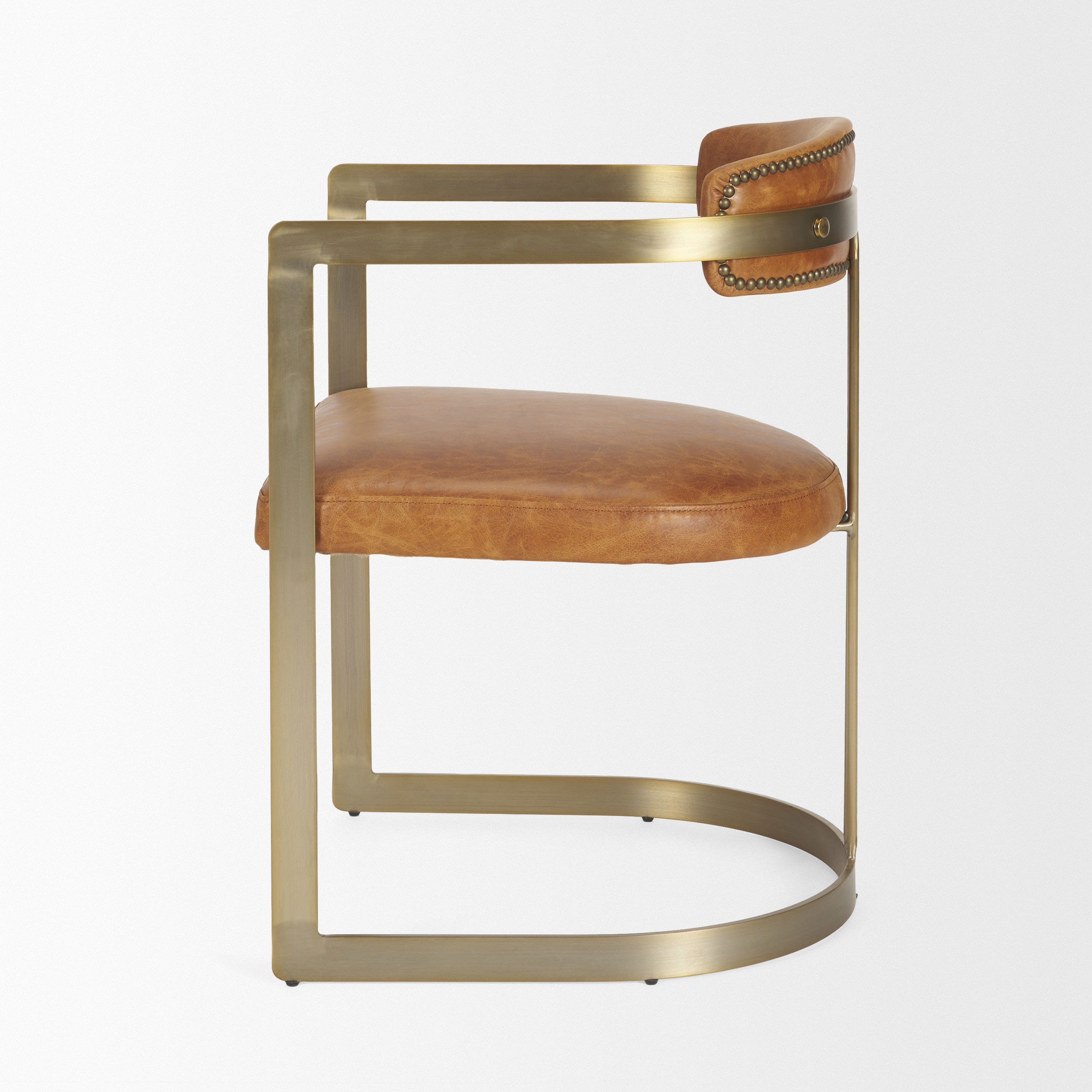 Hollyfield I Brown Leather Seat Gold Iron Frame Dining Chair, by Mercana, 20.5" length x 21.5" width x 29.5" height View 8