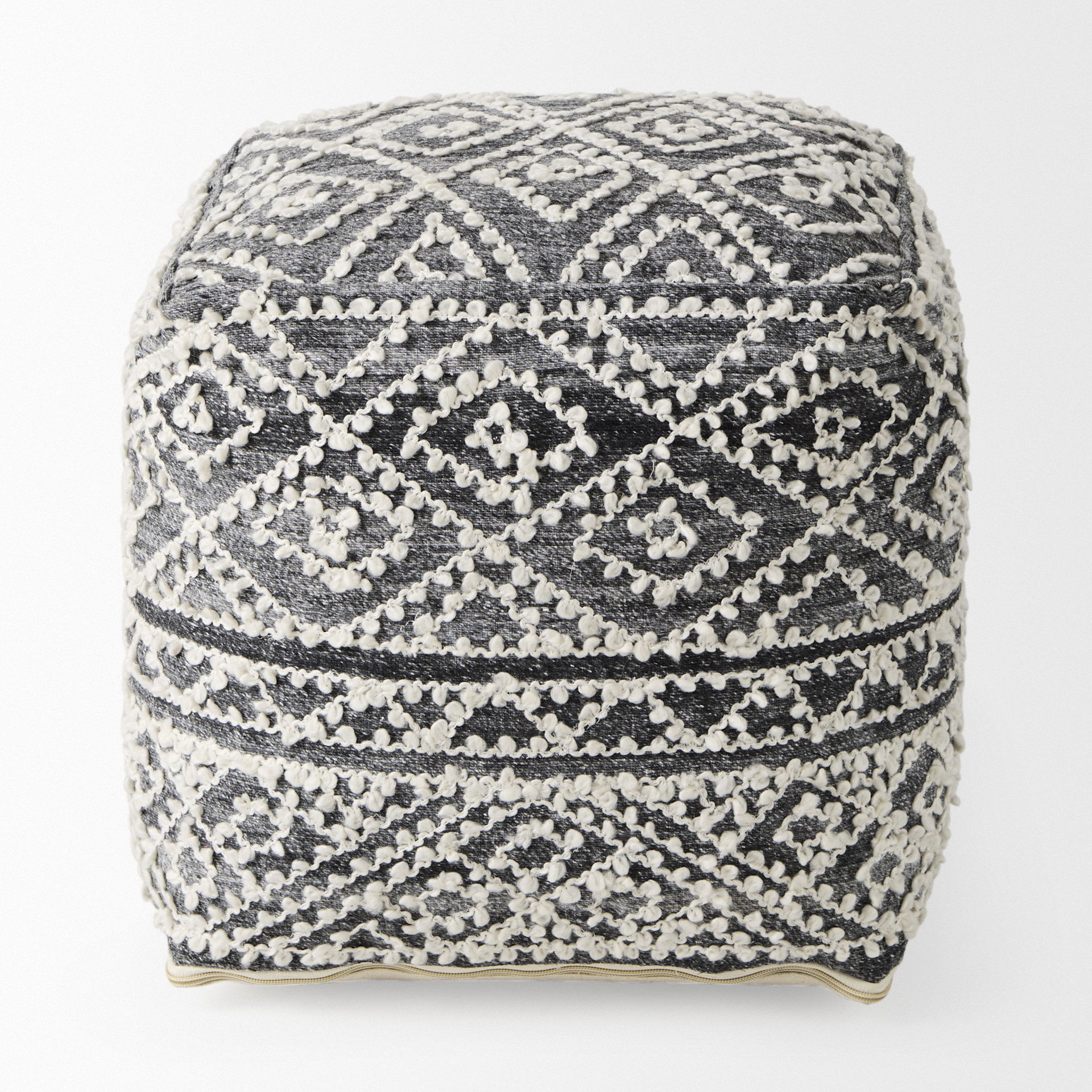 Farida   Dark Gray Wool and Polyester Patterned Pouf large image 