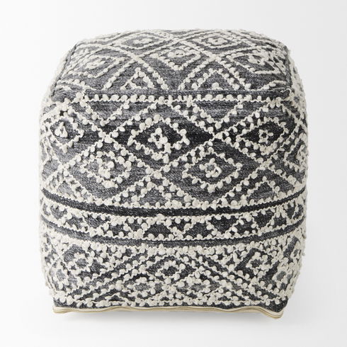 Farida   Dark Gray Wool and Polyester Patterned Pouf
