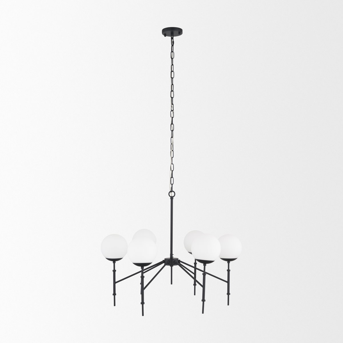 Edie Matte Black Metal with Frosted Glass Globes 6-Light Chandelier, by Mercana, 29.92" length x 29.92" width x 24.02" height View 3