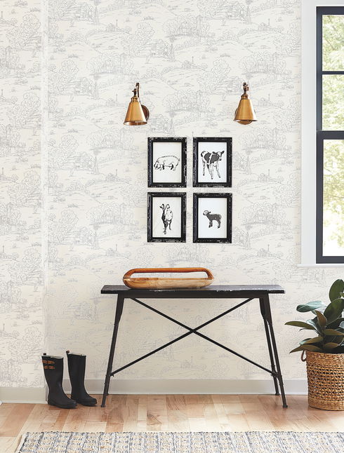 Pasture Toile Beige & Grey Wallpaper