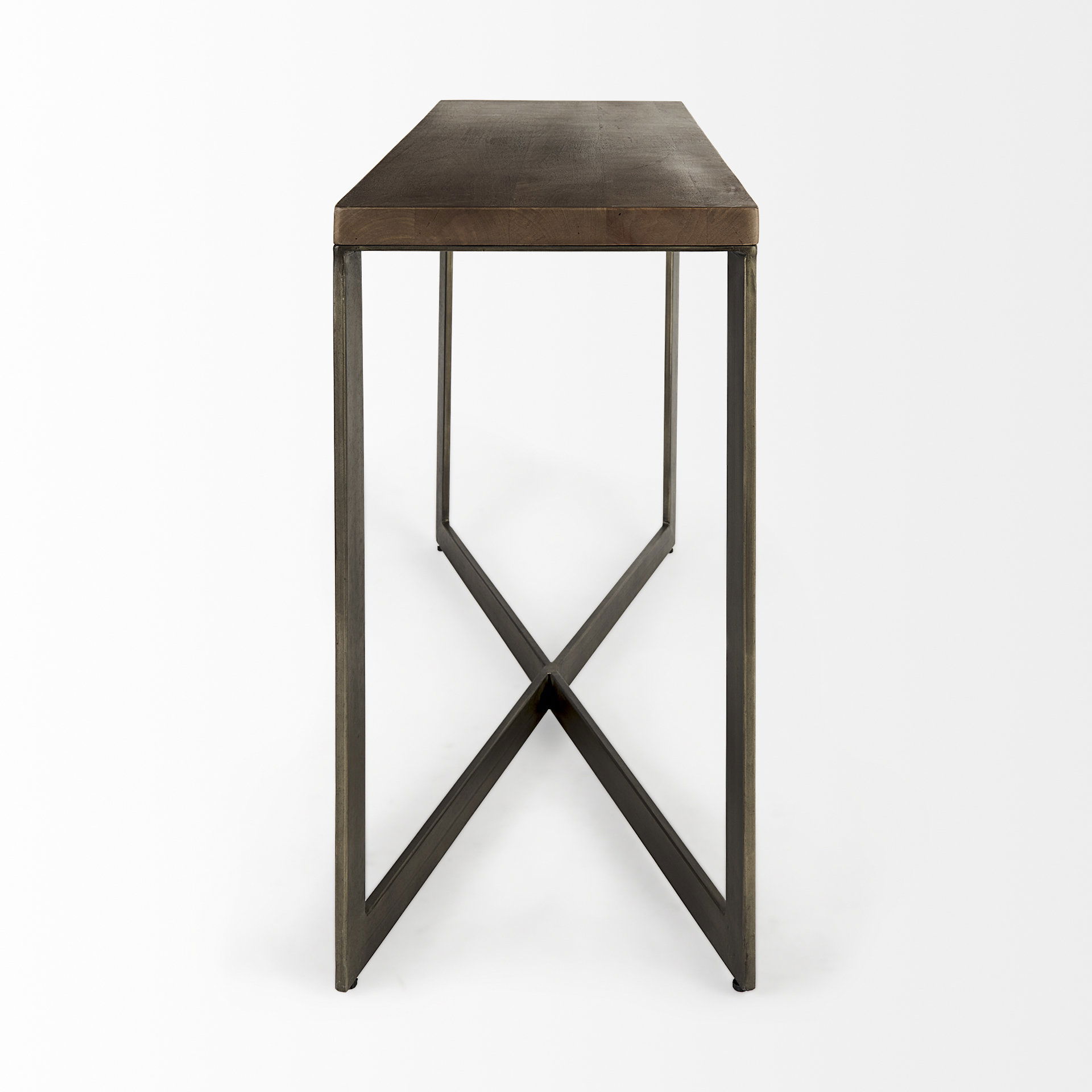 Faye 50L x 15W x 30H Medium Brown Wood with Antique Nickel Metal Base Console Table, by Mercana, 50" length x 15" width x 30" height View 5