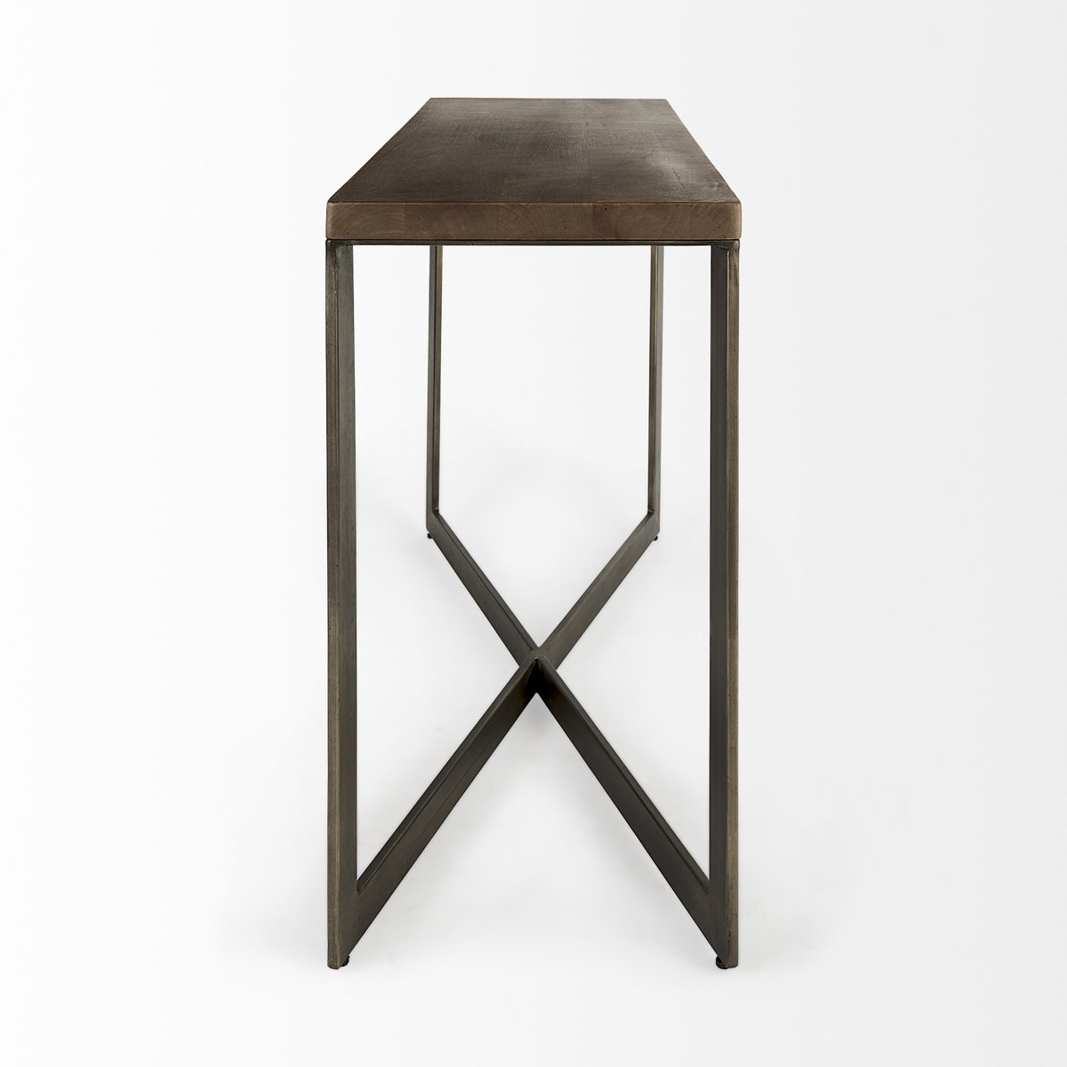 Faye 50L x 15W x 30H Medium Brown Wood with Antique Nickel Metal Base Console Table, by Mercana, 50" length x 15" width x 30" height View 5