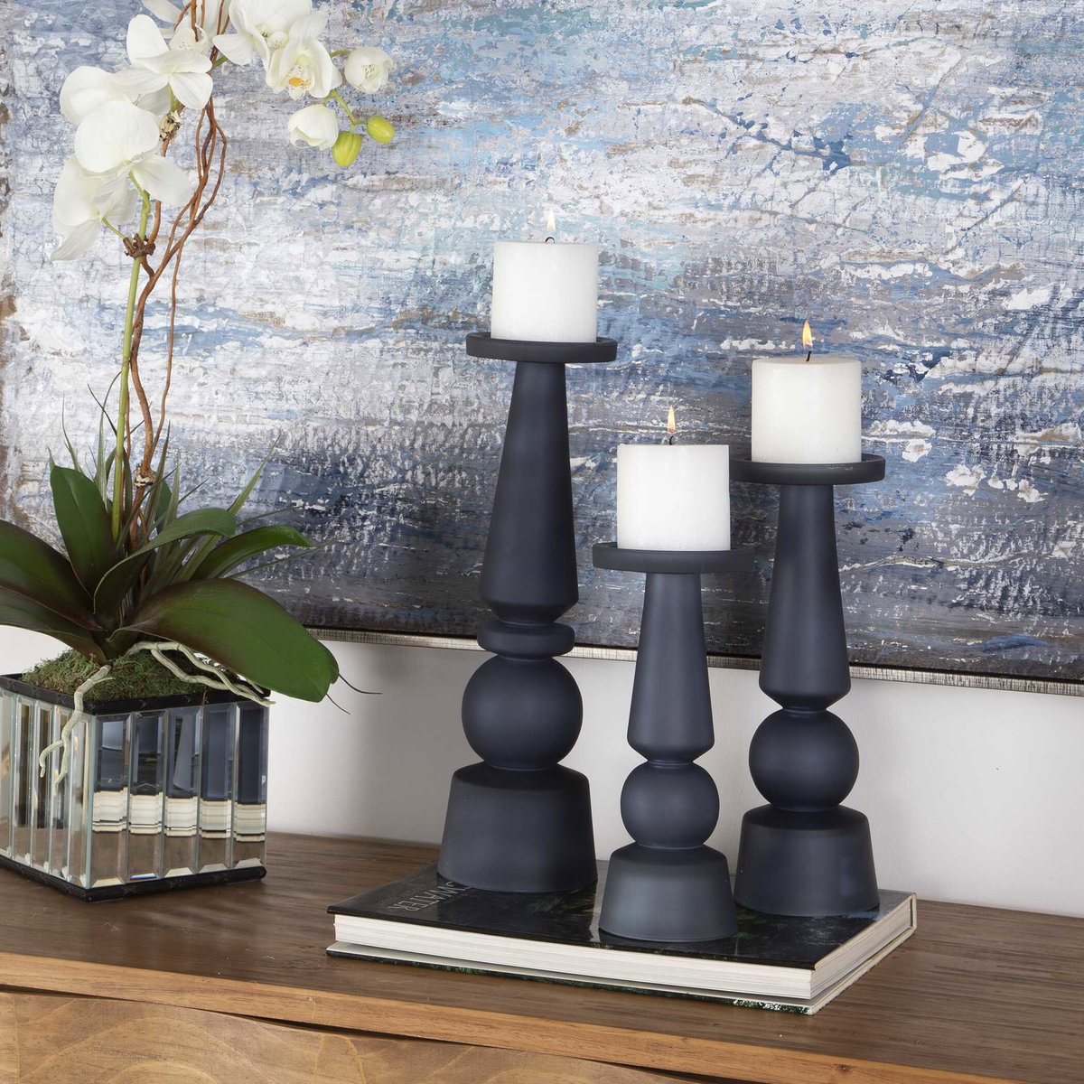 Cassiopeia Blue Glass Candleholders Set/3, Candles & Candle Holder by Uttermost, 4.5" width x 15" height x 4.5" depth View 3