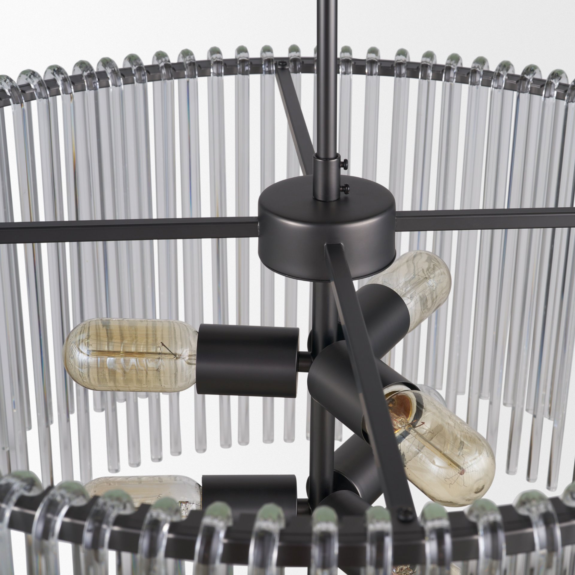 Anna (26'x14') Hanging Gun-Metal with Clear Glass Rods Six Bulb Chandelier, by Mercana, 26" length x 26" width x 14" height View 7