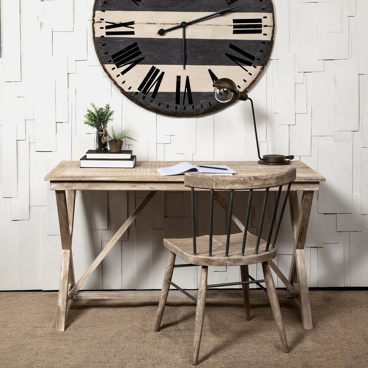 Tracy 54L x 28W Natural X Frame Wood Office Desk, by Mercana, 54" length x 28" width x 30" height View 2