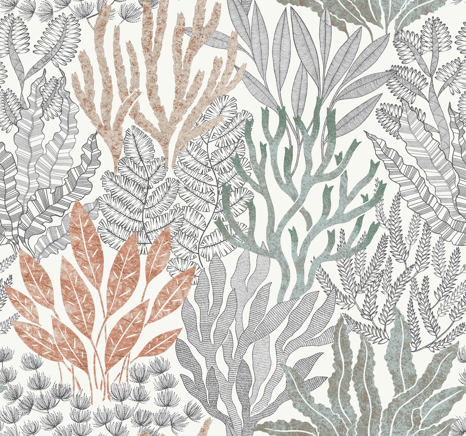 Coral Leaves Coral Black Wallpaper, by York Wall, 27' length x 2'3" width x 0.02" depth View 1
