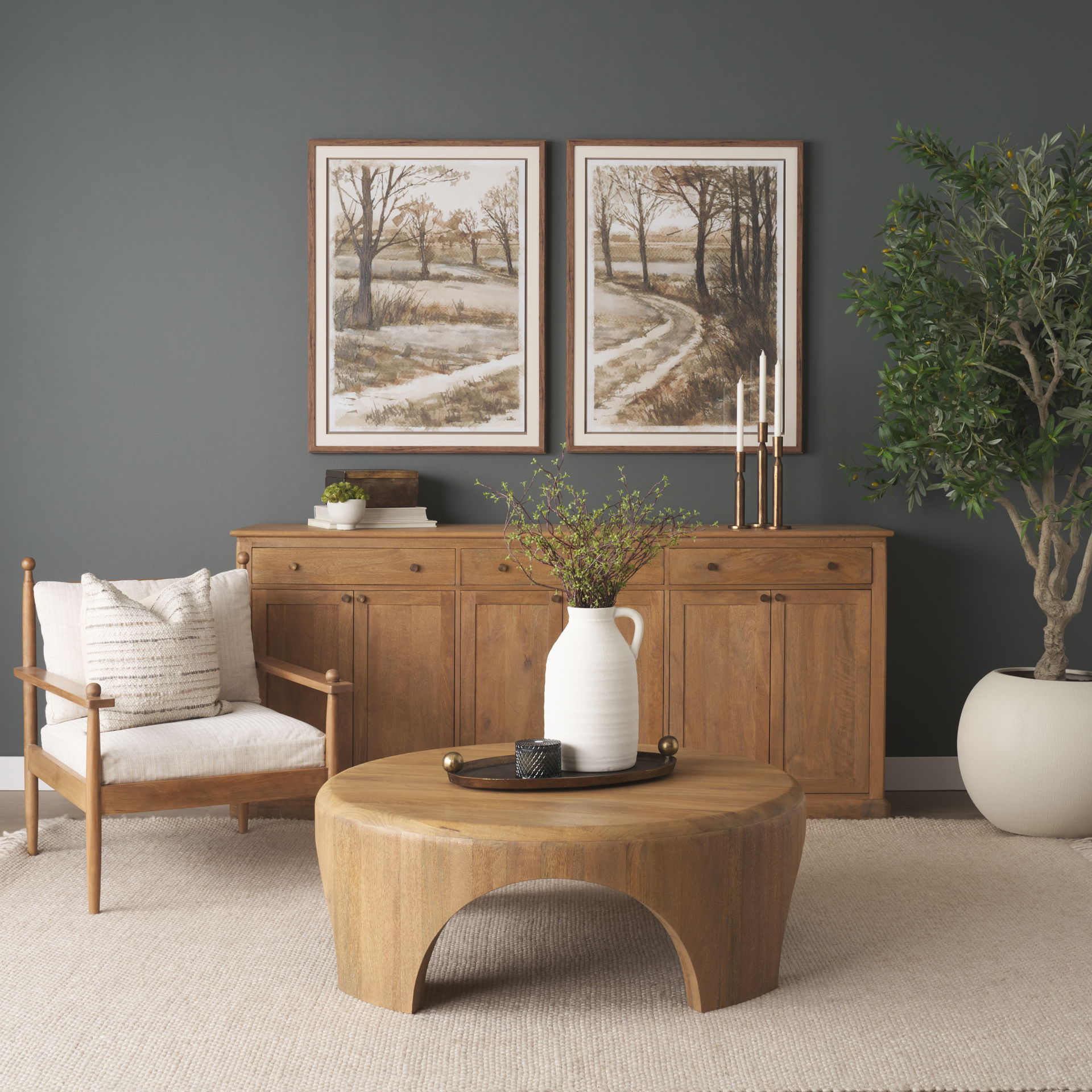 Baron Light Brown Solid Wood with Antiqued Brass Knobs 3-Drawer 6-Door Sideboard, Sideboards & Buffet by Mercana, 81.75" length x 19" width x 36" height View 2