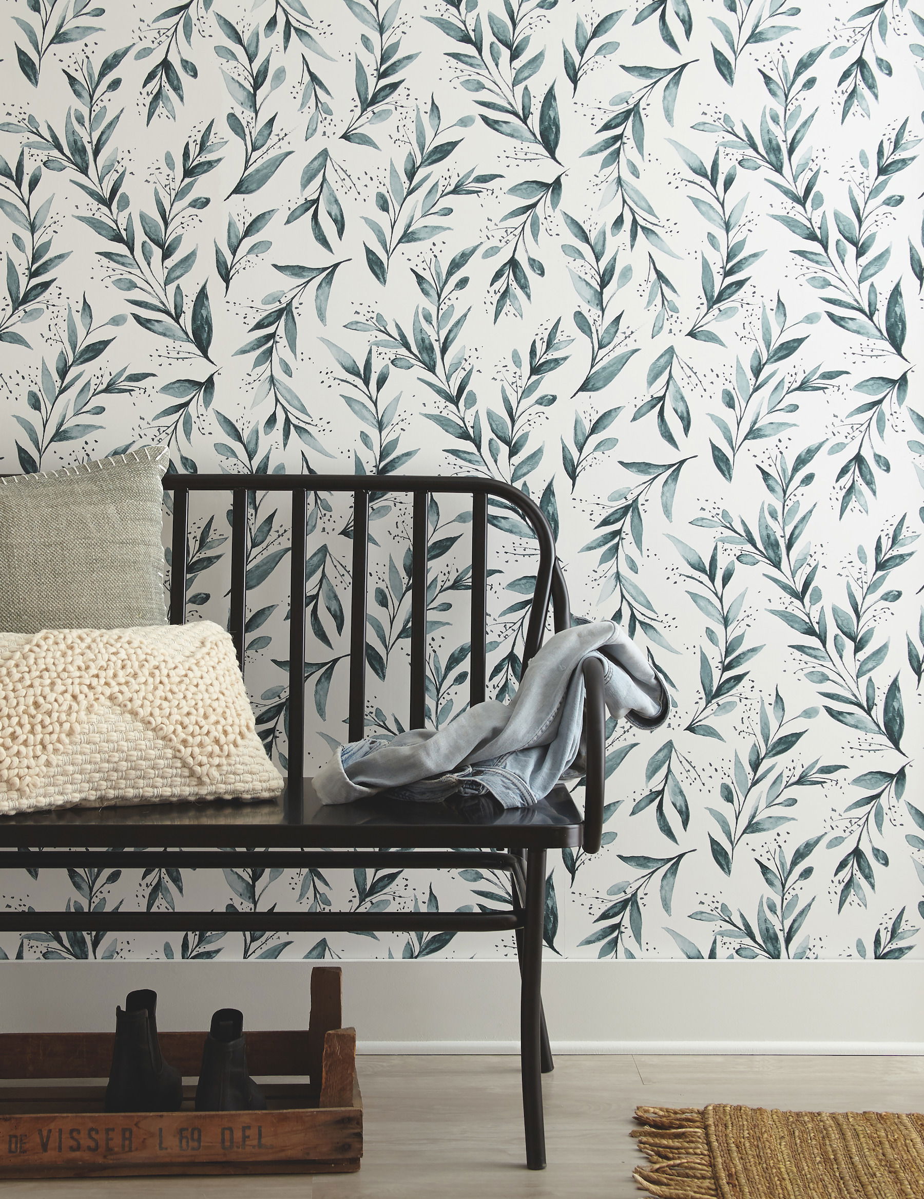 Magnolia Home Olive Branch Teal Peel & Stick Wallpaper large image 