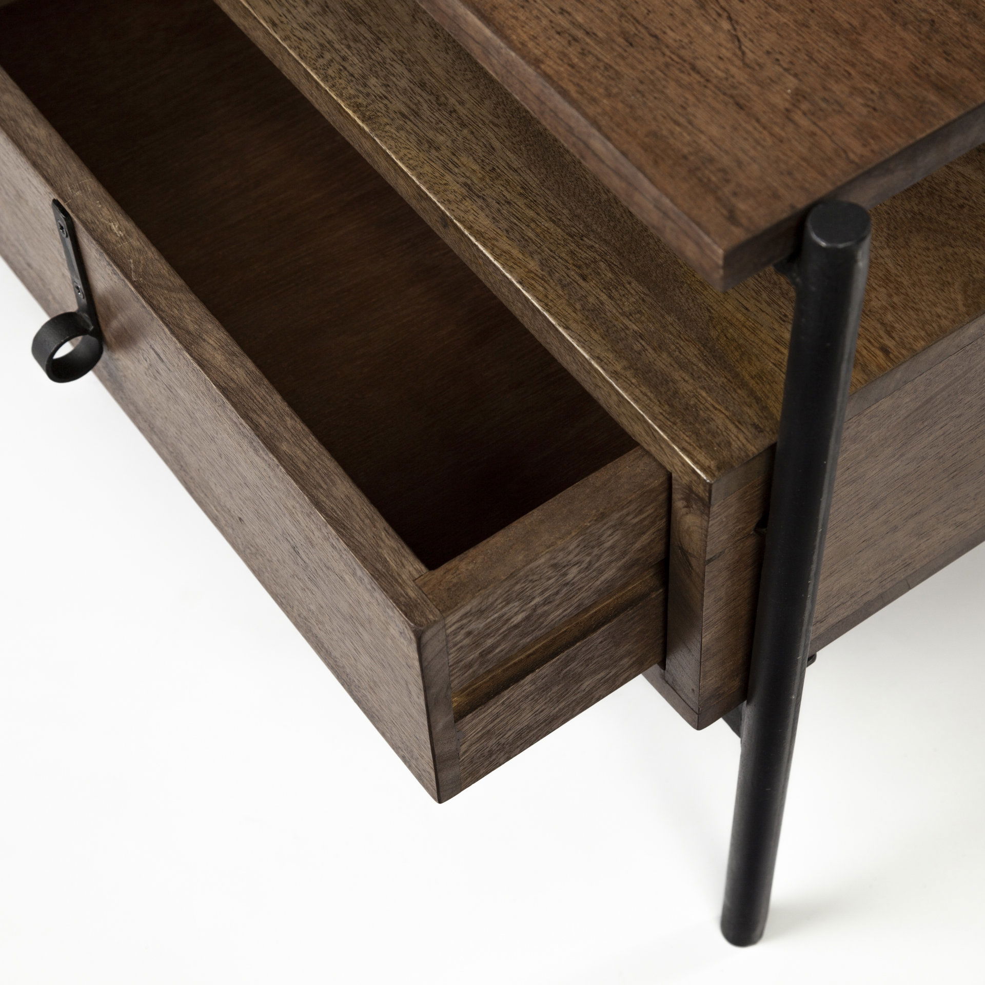 Glenn II 54x30 Dark Brown Wood with Black Iron Frame, Rectangle 3 Drawers Coffee Table, by Mercana, 55.75" length x 30.5" width x 17" height View 13