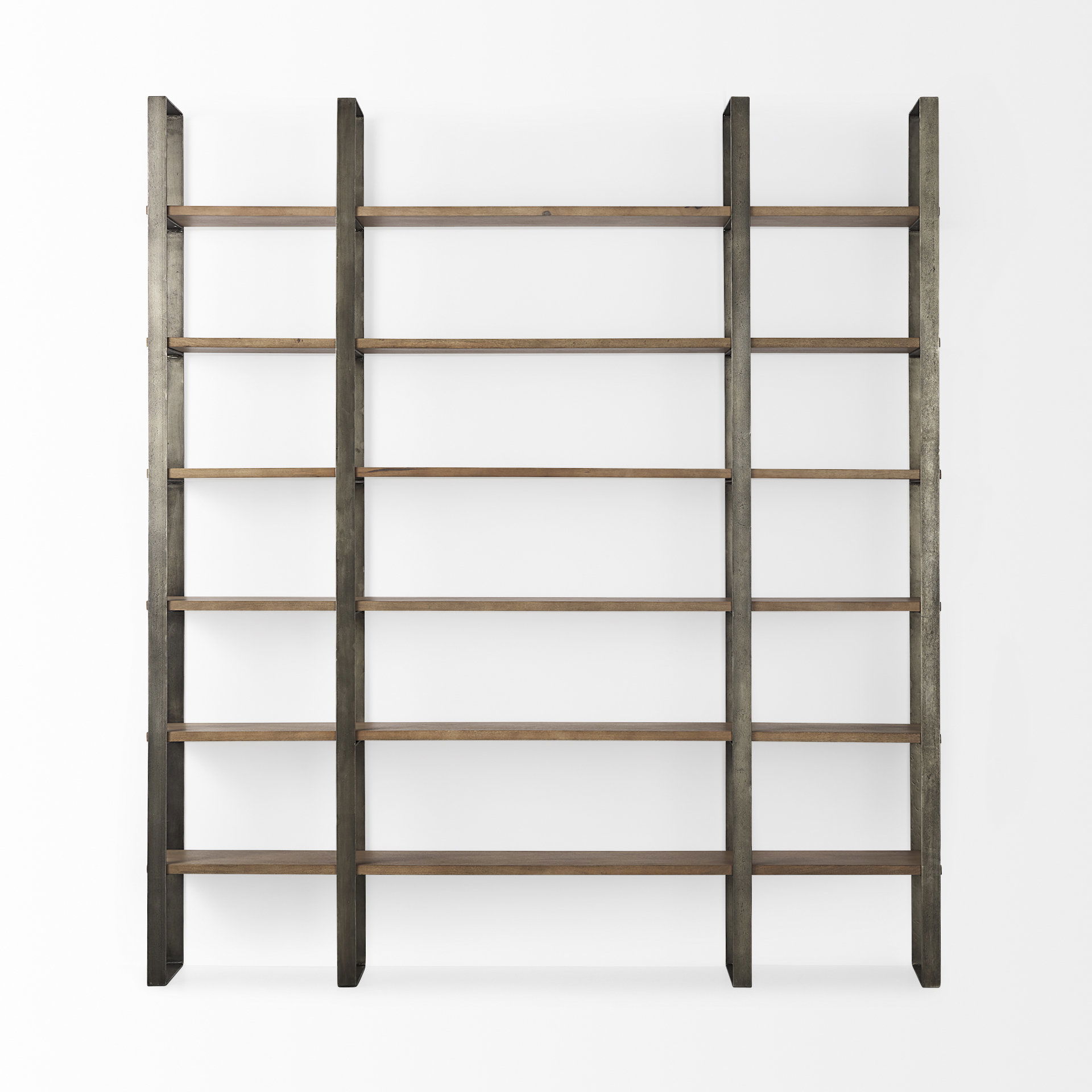 Taunton 80L x 10.5W x 90H Medium Brown Wood with Antique Nickel Metal Frame 6 Tier Shelving Unit large image 