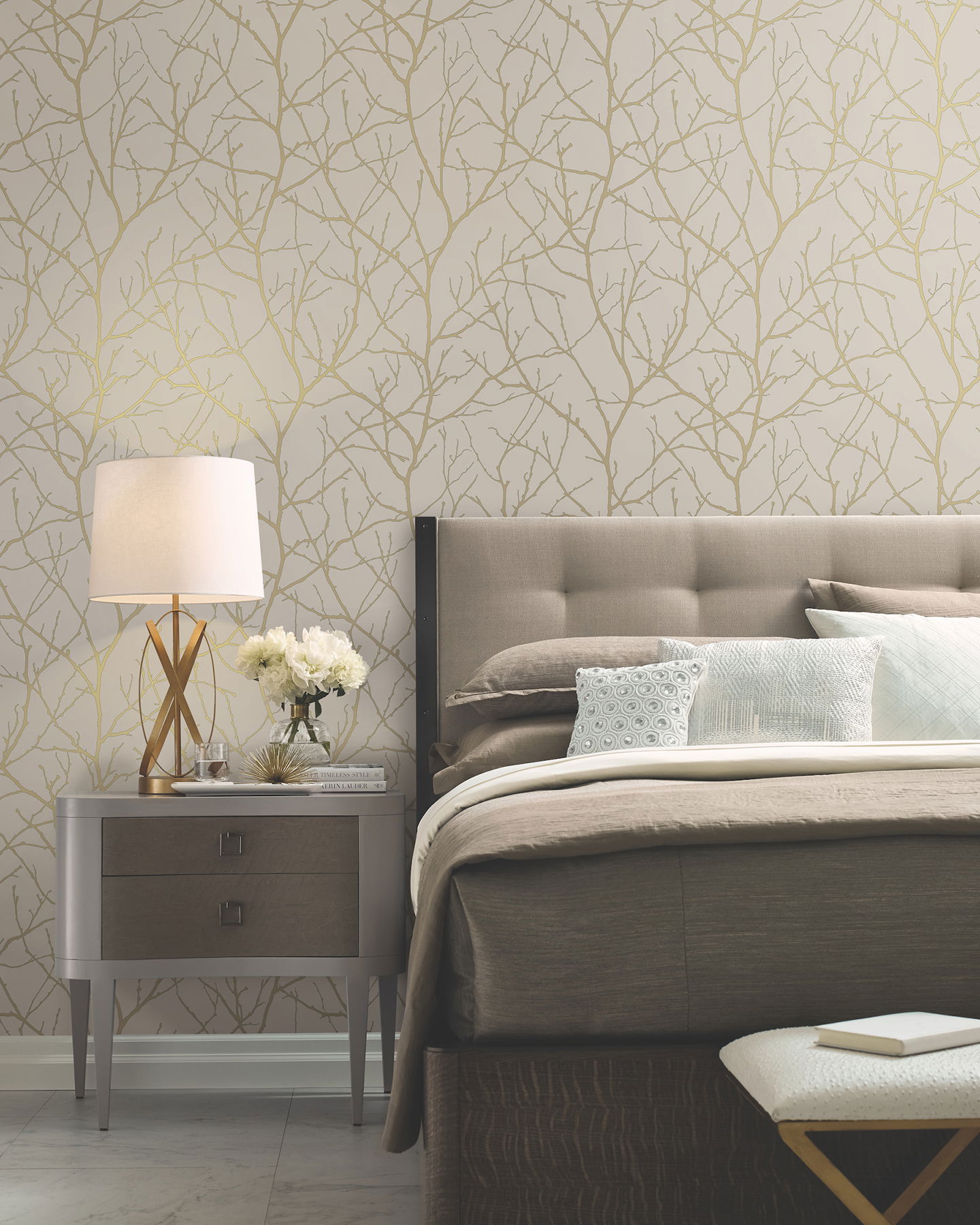 Trees Silhouette Beige & Gold Wallpaper large image 