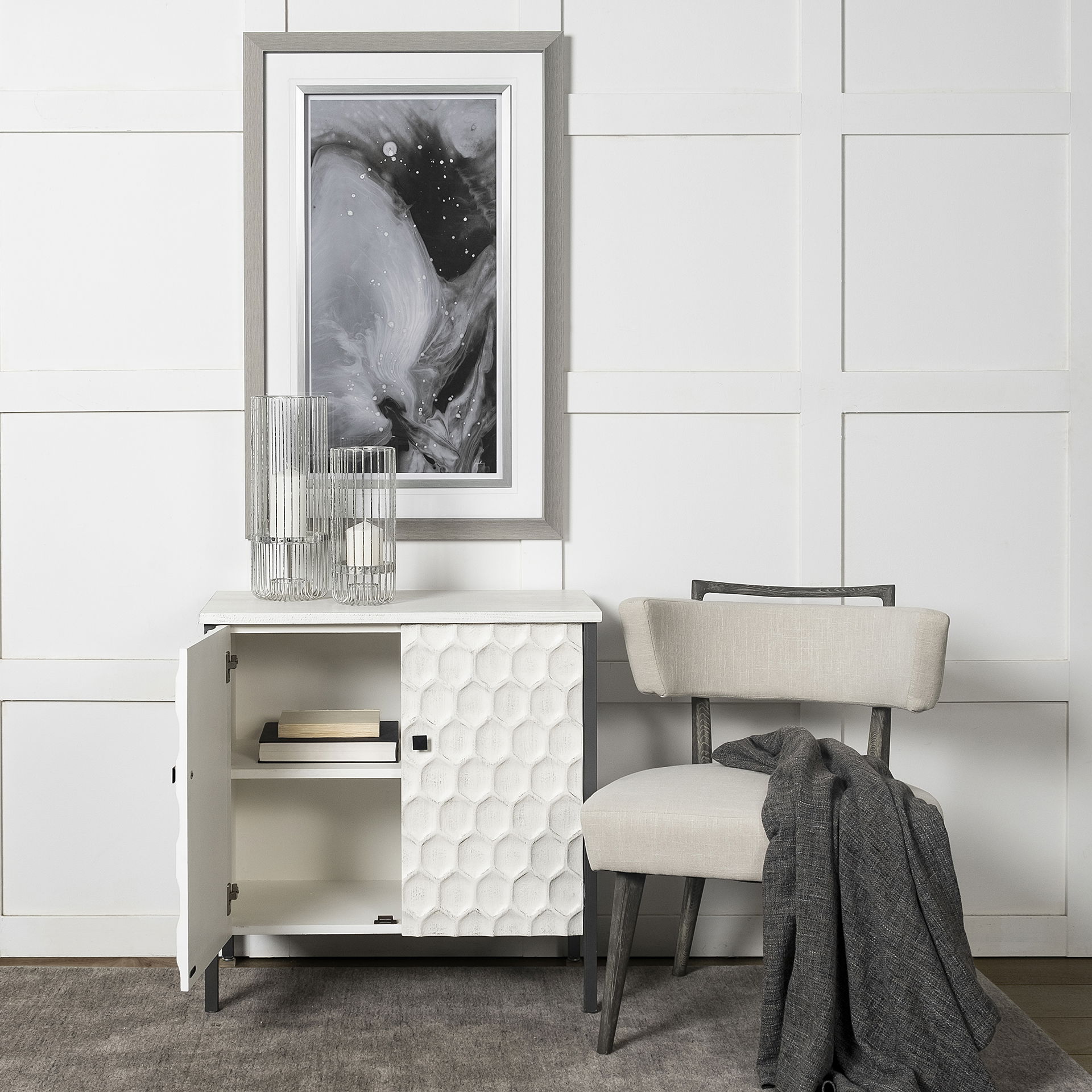 Savannah White Fir Veneer with Gray Metal 2-Door Accent Cabinet, Cabinets & Chest by Mercana, 31.5" length x 15.75" width x 31.5" height View 2