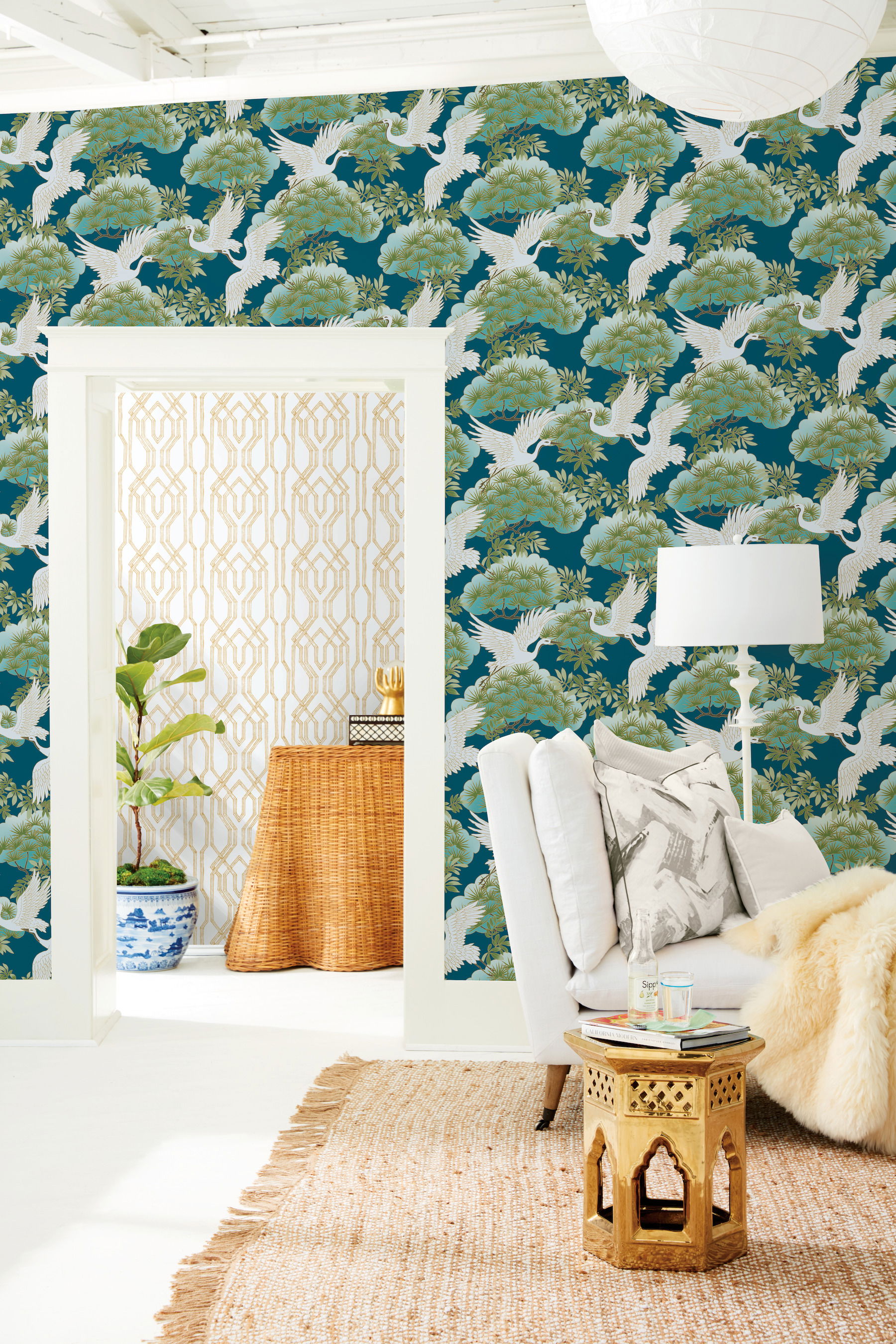Sprig & Heron Blue Wallpaper large image 