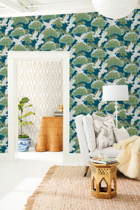 Sprig & Heron Blue Wallpaper