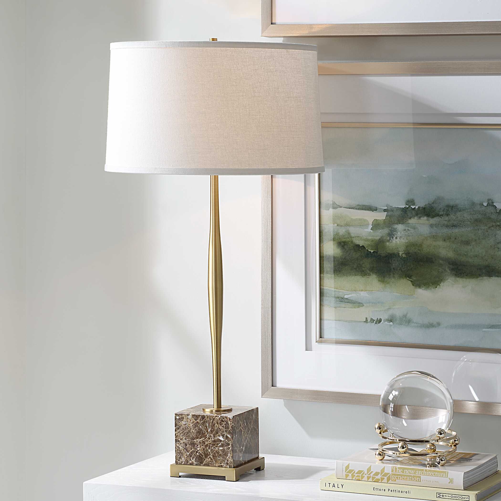 Booker Thin Brass Table Lamp, by Uttermost, 17" width x 34.25" height x 17" depth View 2