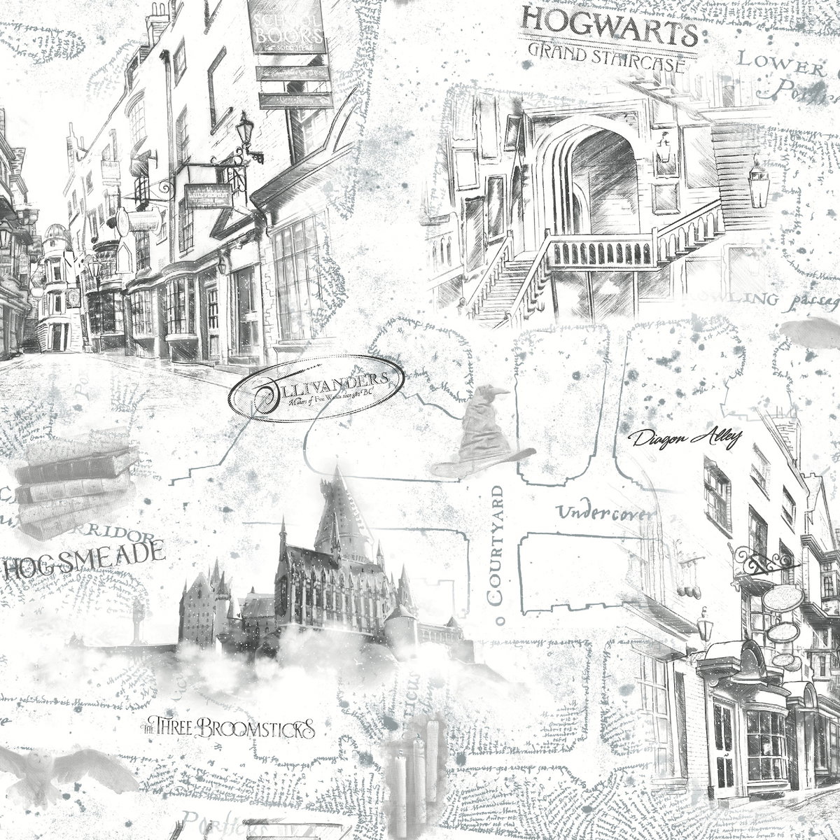 Harry Potter Map White Peel & Stick Wallpaper, by York Wall, 18' length x 1'8.5" width x 0.02" depth