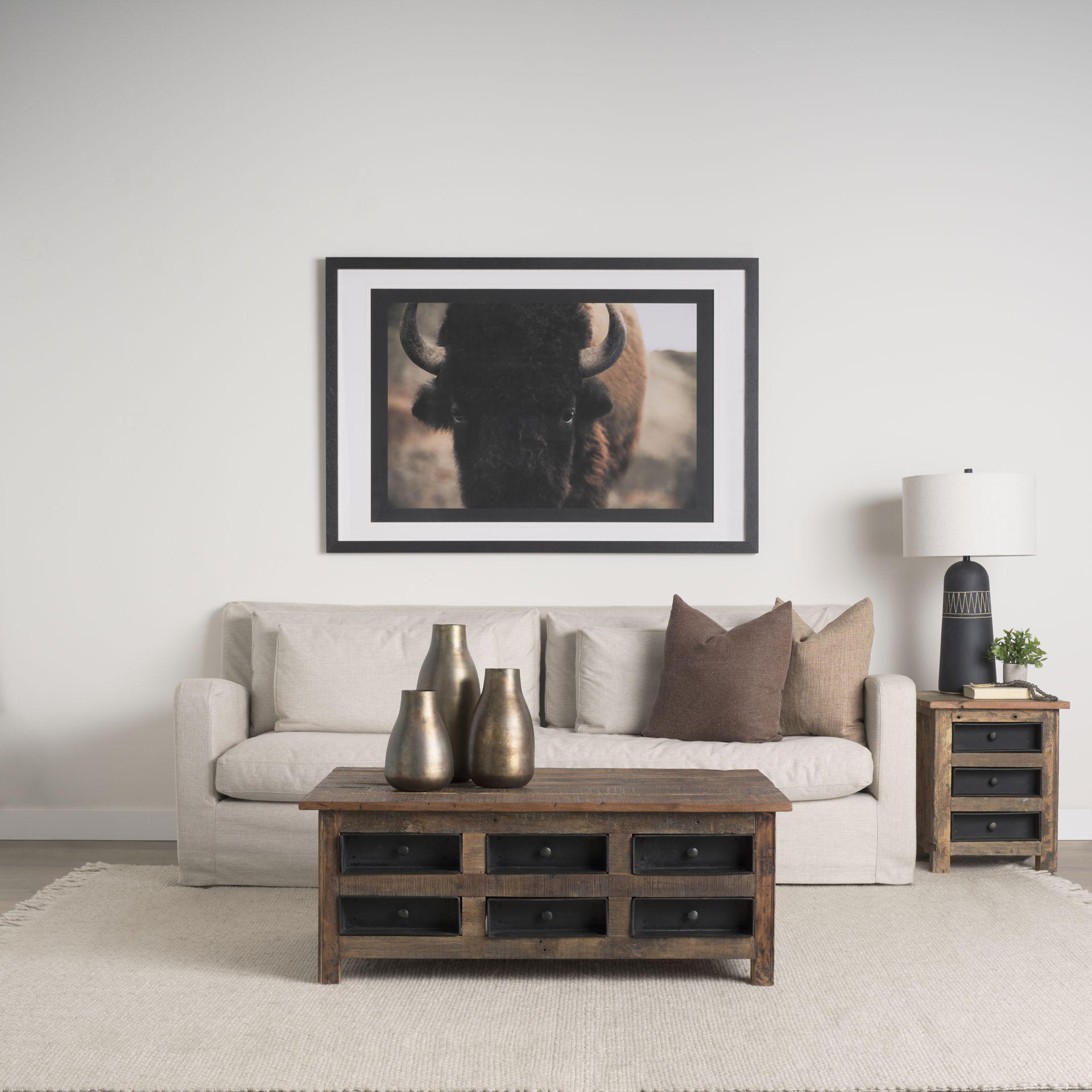 Wilton Brown Wood with 12 Black Metal Drawers Coffee Table, by Mercana, 48" length x 28" width x 18" height View 2
