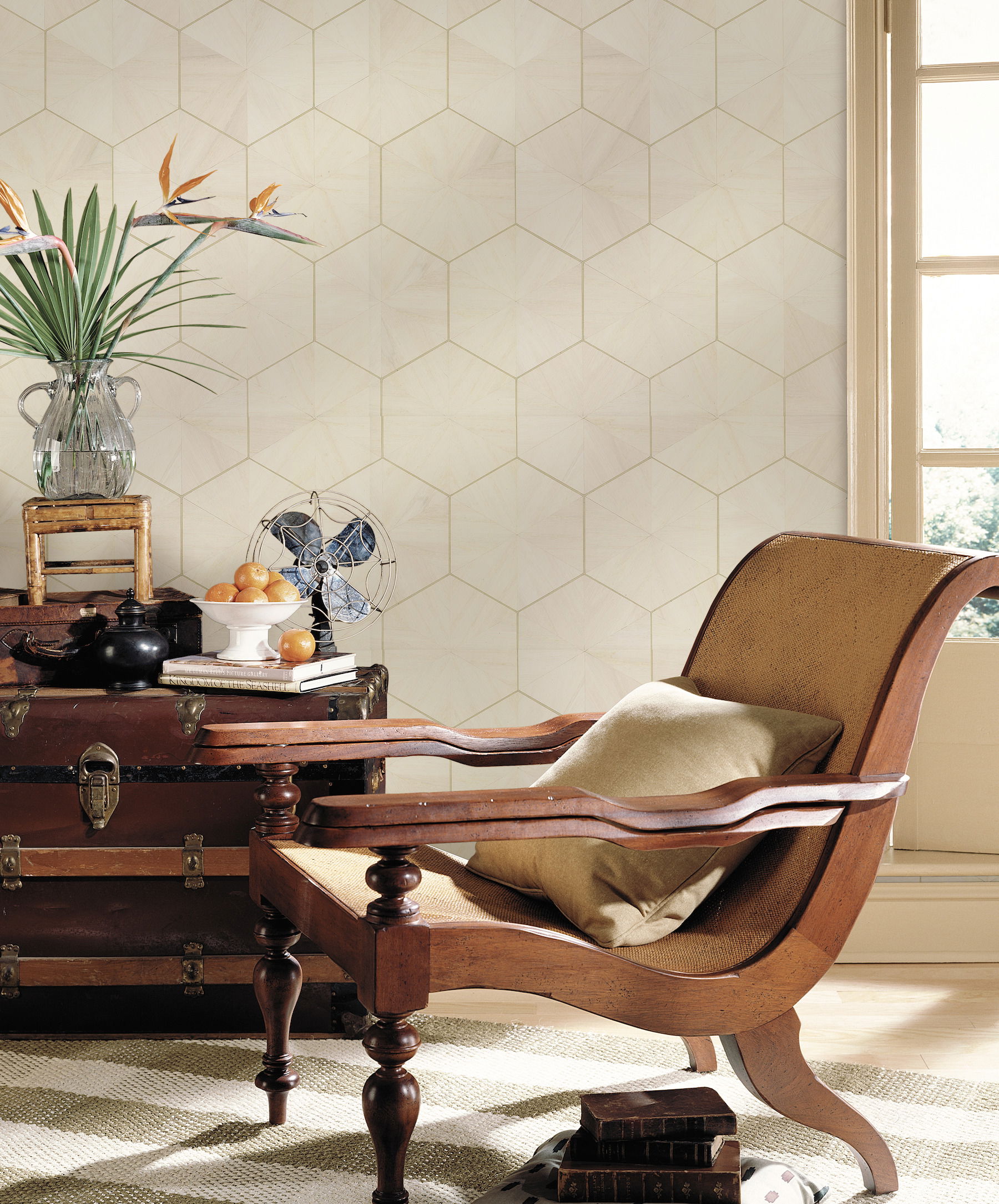Hexagram Wood Veneer Off White Wallpaper large image 