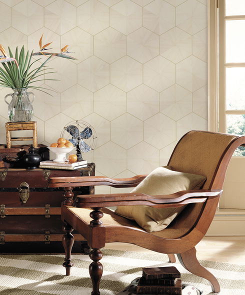 Hexagram Wood Veneer Off White Wallpaper