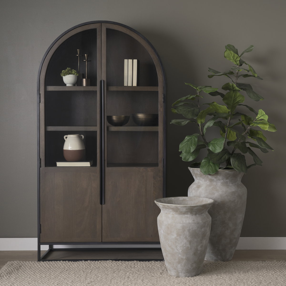 Sloan 42W x 80H Dark Brown Wood with Black Metal Arched Curio Cabinet, Cabinets & Sideboard by Mercana, 42" length x 18.5" width x 80" height View 3