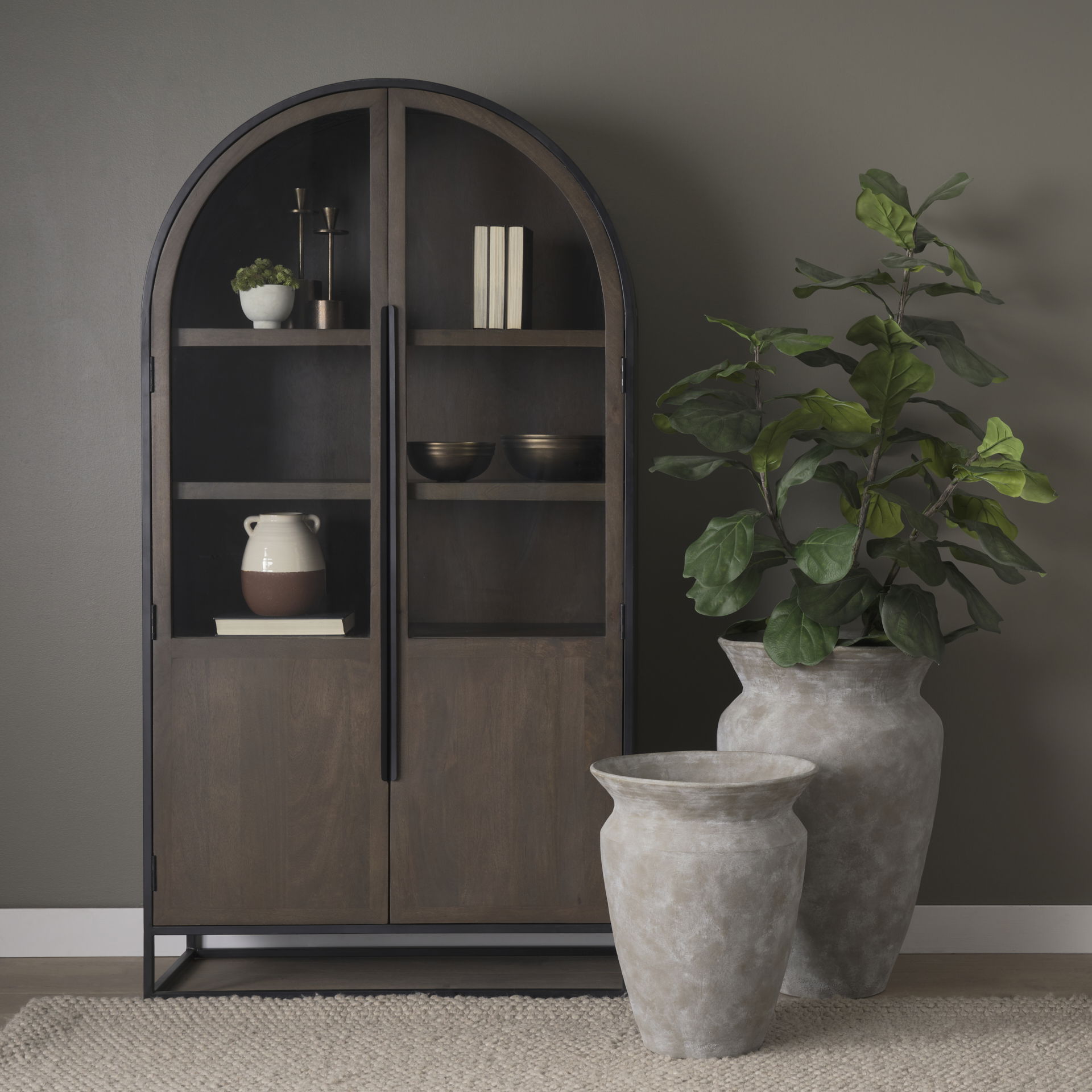 Sloan 80.5H Dark Brown Wood with Black Metal Arched Curio Cabinet, Cabinets & Sideboard by Mercana, 42" length x 18.5" width x 80" height View 3