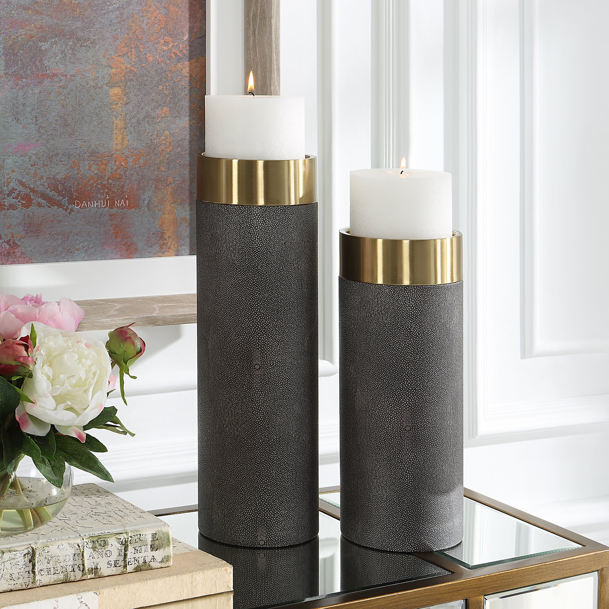 Wessex Gray Candleholders Set/2, Candles & Candle Holder by Uttermost, 4.62" width x 16" height x 4.62" depth View 2