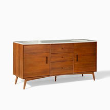 Online Designer Bathroom Mid Century 72" Double Closed Bath Vanity, Acorn, Quartz Top, Matte Black Hardware