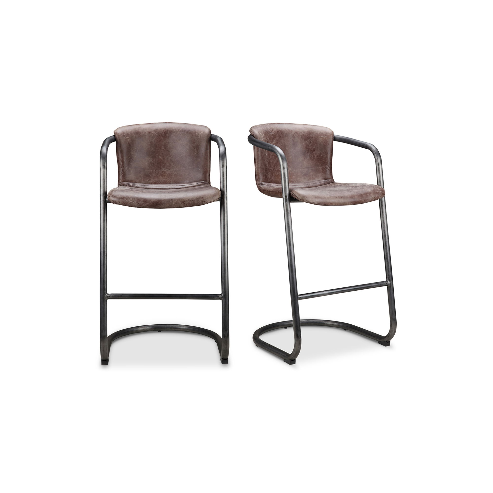 Freeman Barstool Grazed Brown Leather - Set Of Two, Counter & Bar Stool by Moe's Home, 22" width x 40" height x 24" depth View 1