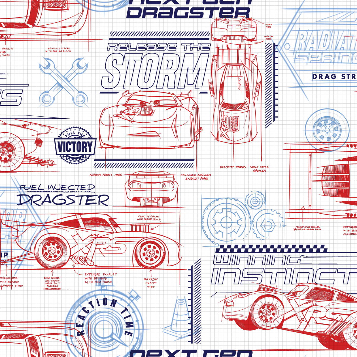 Disney & Pixar Cars Schematic Red Wallpaper, by York Wall, 33' length x 1'8.5" width x 0.02" depth