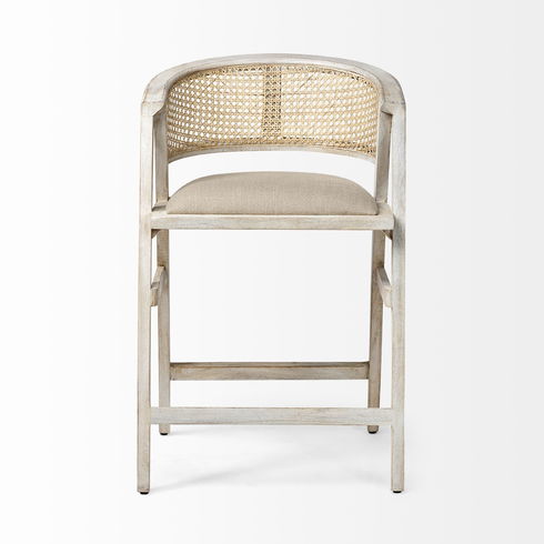 Tabitha 26.75" Seat Height Beige Fabric/Rattan Seat Blonde Wood Frame Counter Stool