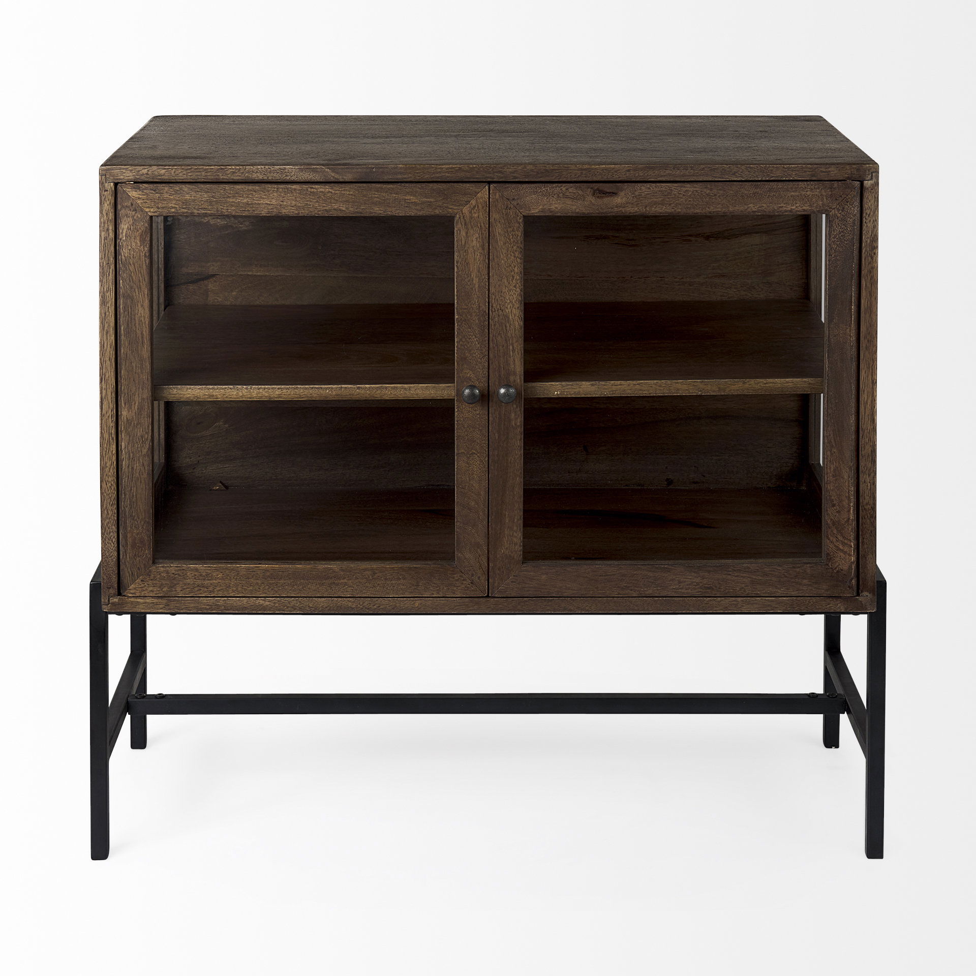 Arelius 36L x 18W x 32H Medium Brown Wood, Black Metal Base with 2 Glass Doors Accent Cabinet large image 