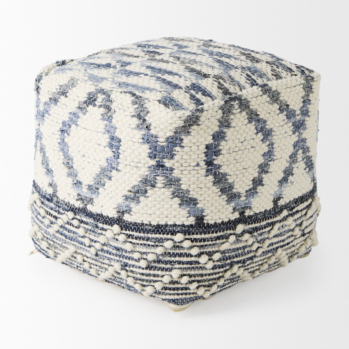 Eshana  Cream Wool and Denim Patterned Pouf, Ottoman by Mercana, 16" length x 16" width x 16" height View 3