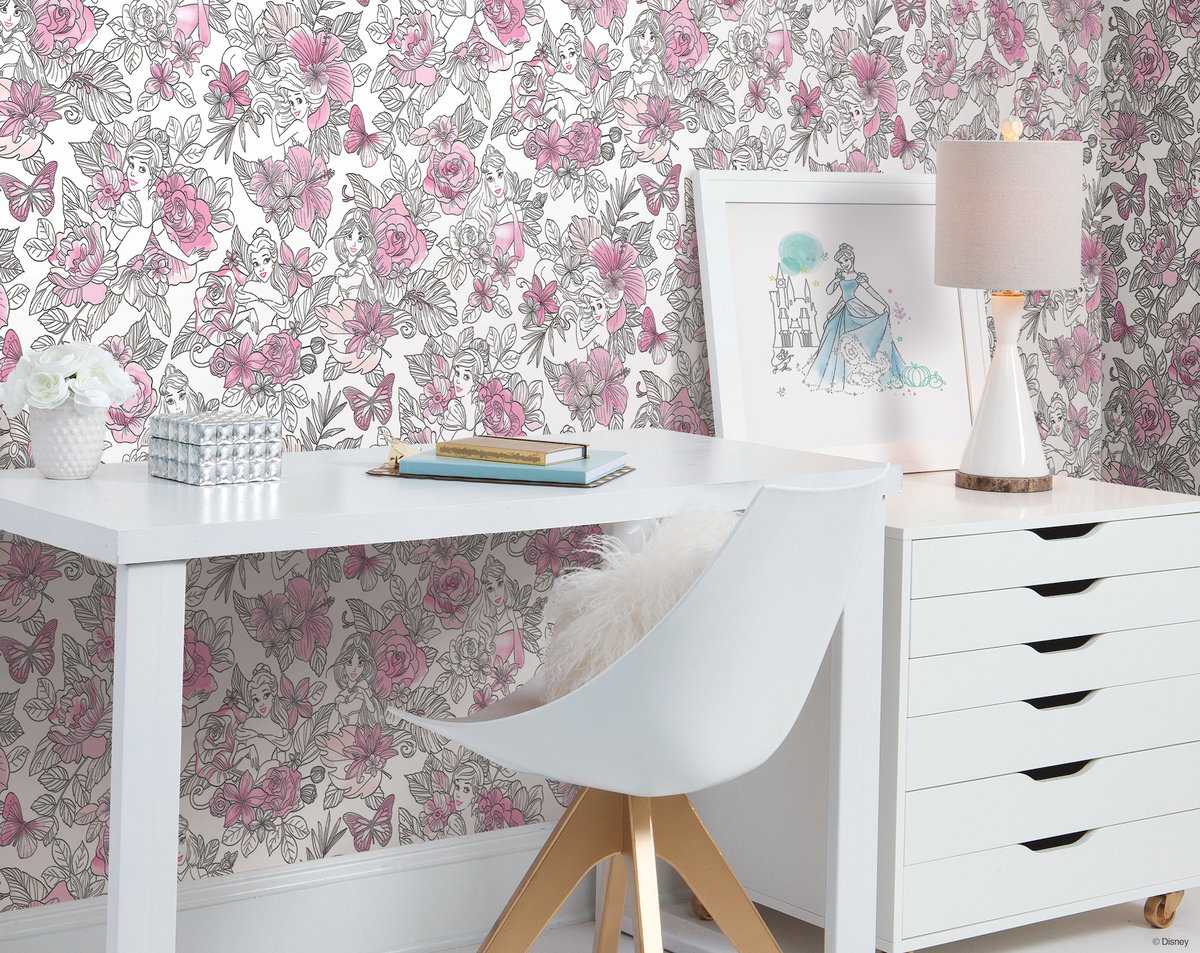 Disney Princess Royal Floral Magenta Wallpaper, by York Wall, 33' length x 1'8.5" width x 0.02" depth View 2