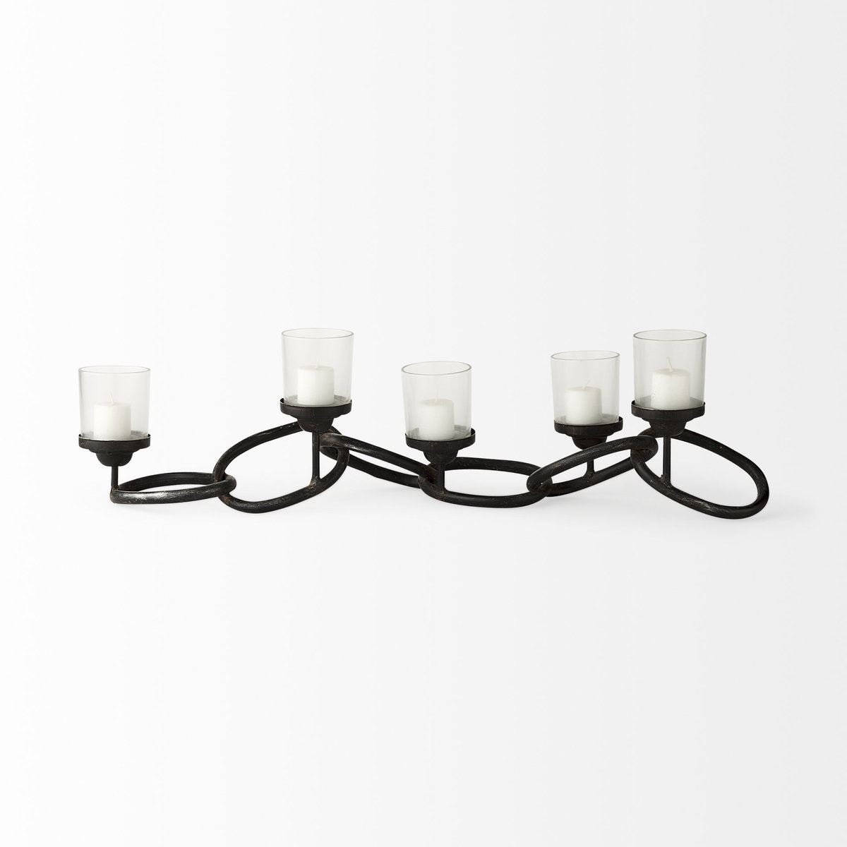 Quito Black Metal Chain-Link Five Candle Table Candle Holder, Candles & Candle Holder by Mercana, 7.68" length x 28" width x 4.69" height View 3