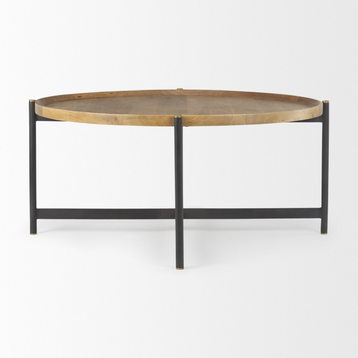 Marquisa 42' Round Medium Brown Wood with Black Metal Large Coffee Table, by Mercana, 42" length x 42" width x 19" height View 4