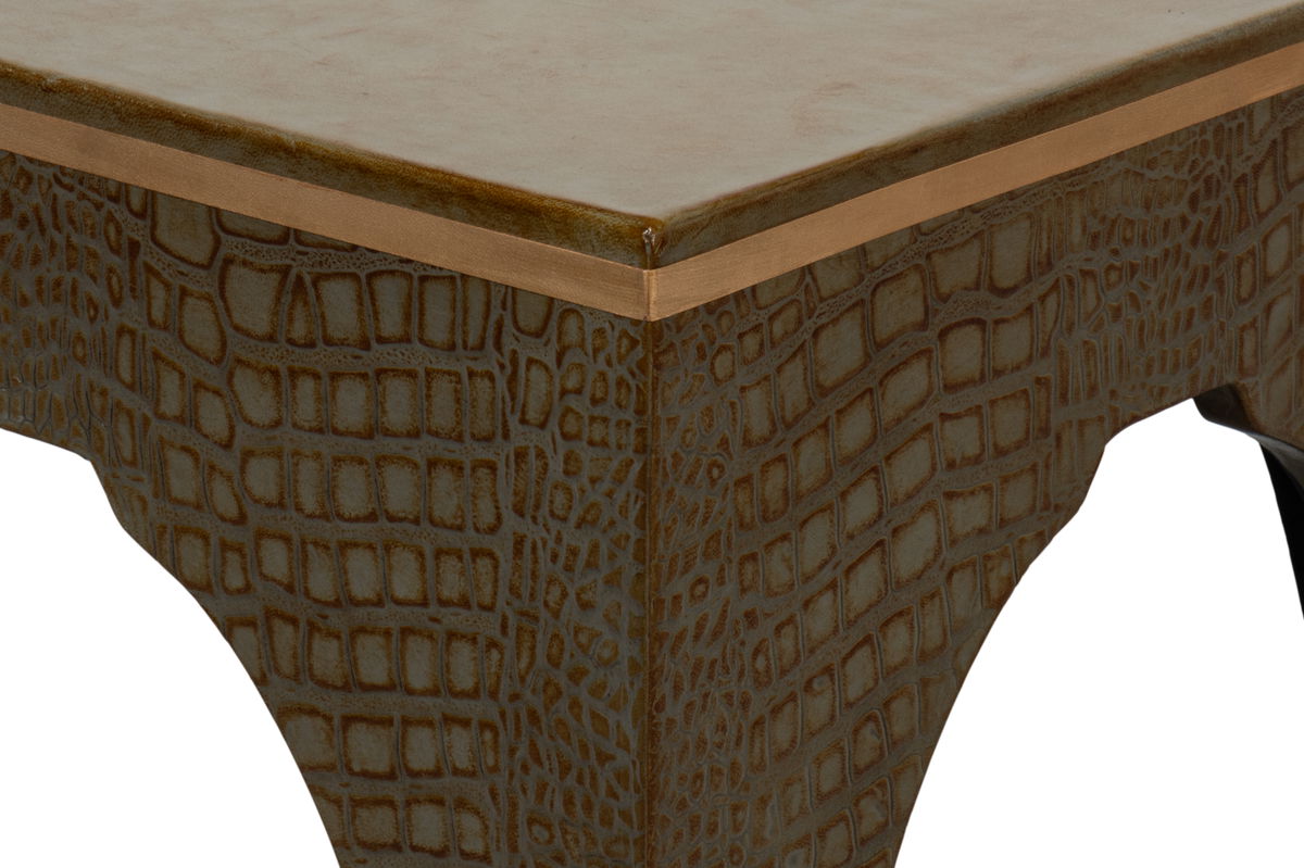 Croco Embossed Leather Stool  Ant. Green, by Sarreid, 1'6" length x 1'6" width x 10" height View 7