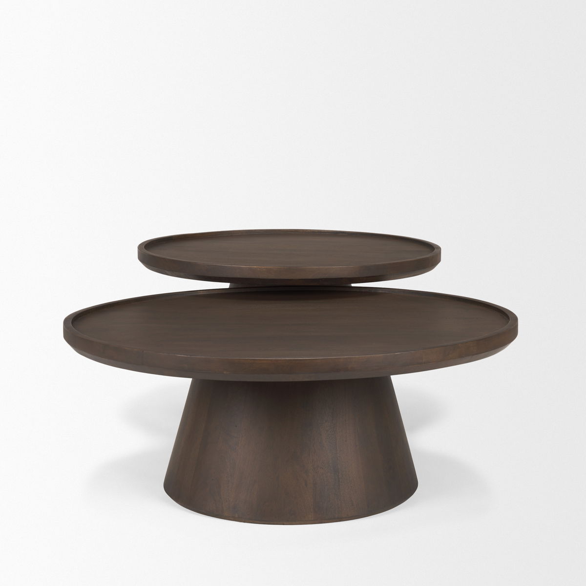 Takoda Dark Brown Wood Tapered Drum Nesting Coffee Tables, by Mercana, 36" length x 36" width x 14" height View 6