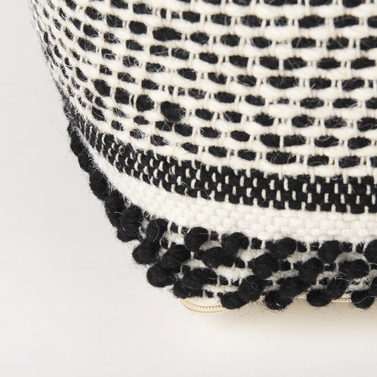 Garima   Black/White Wool and Cotton Patterned Pouf, Ottoman by Mercana, 22" length x 22" width x 14" height View 10