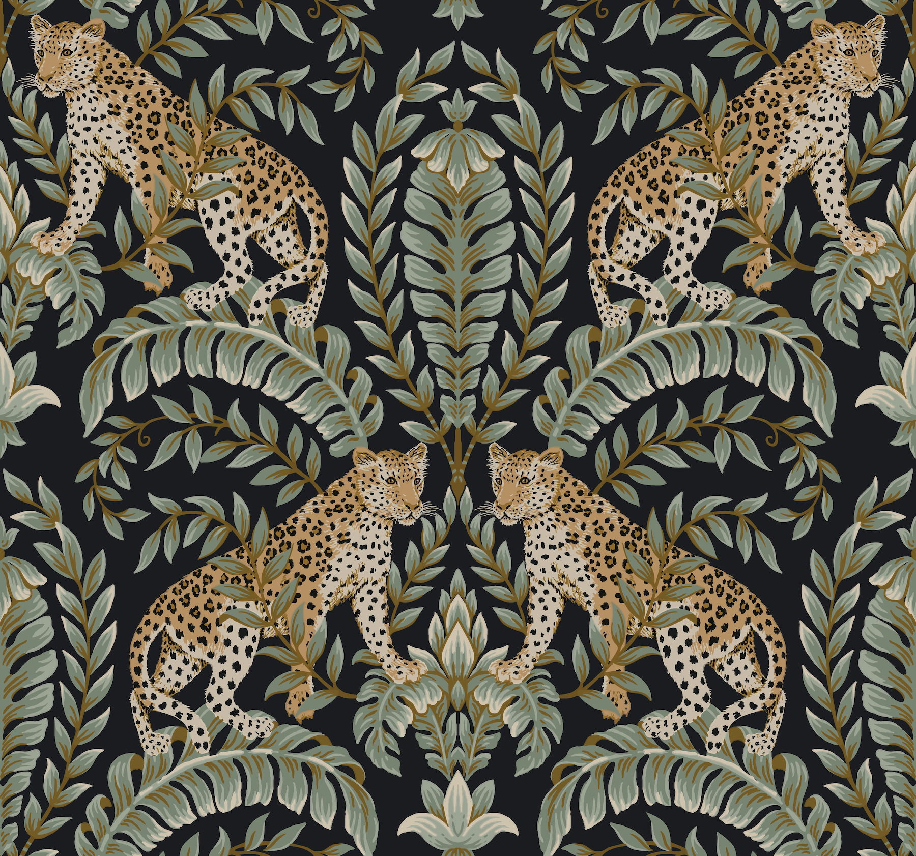 Jungle Leopard Black & Green Wallpaper large image 