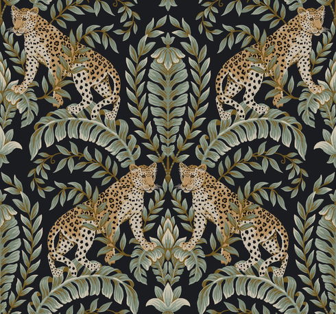 Jungle Leopard Black & Green Wallpaper