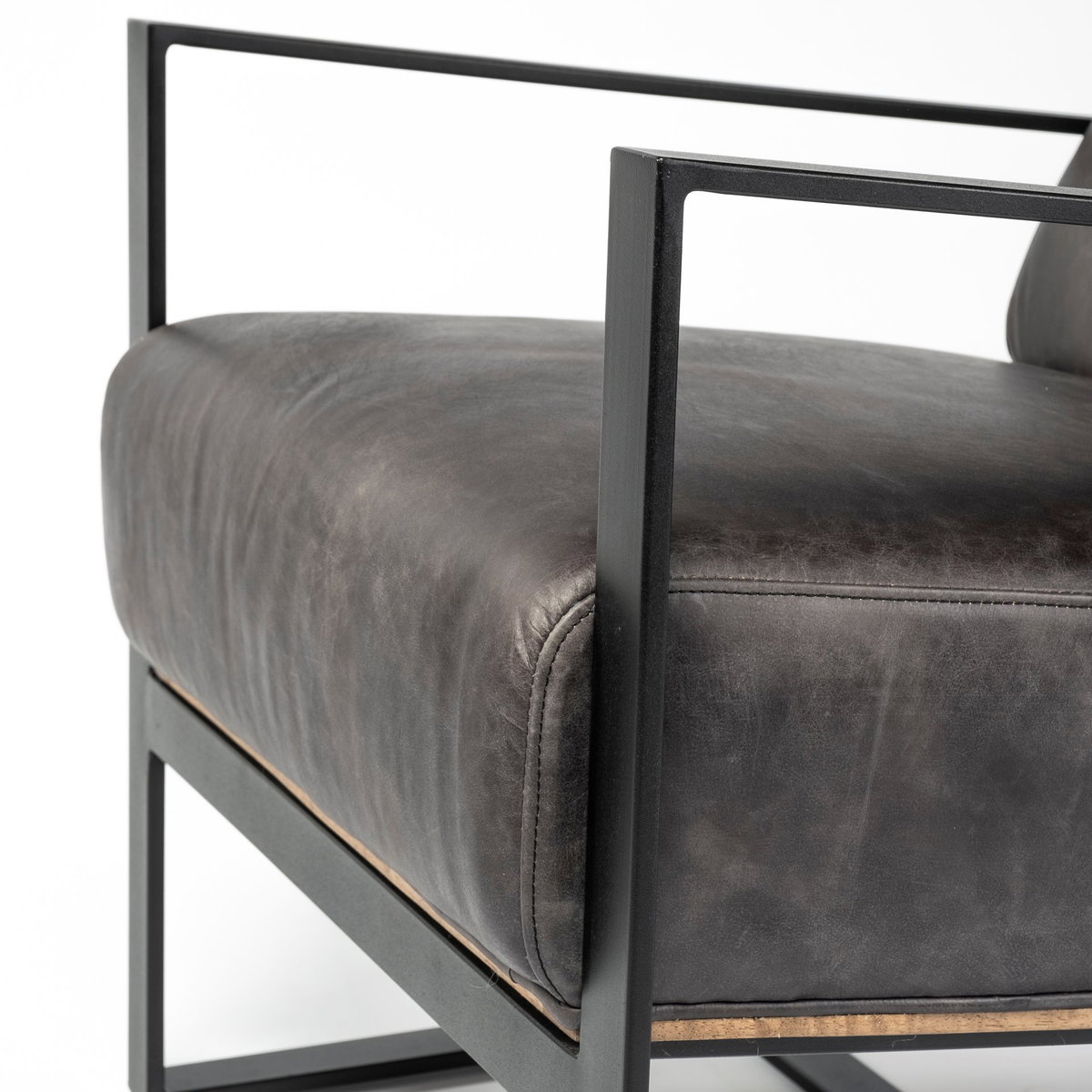 Stamford Black Genuine Leather Seat with Wood Back, Metal Frame Accent Chair, by Mercana, 24.41" length x 31.89" width x 28.94" height View 11