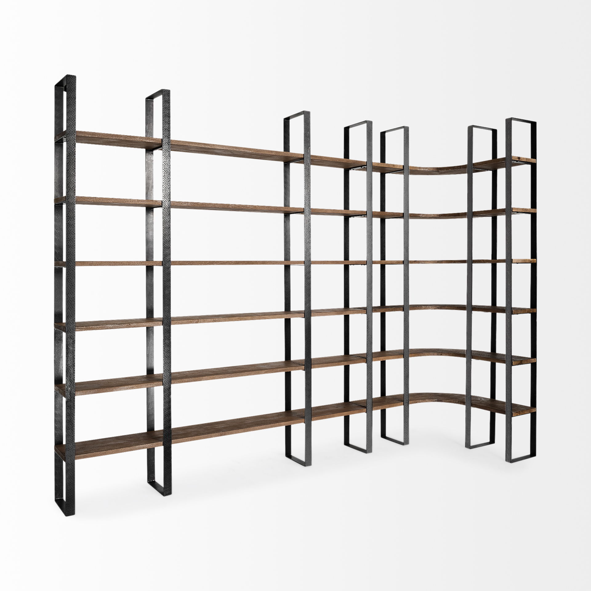 Turner II 37L x 10.5W x 90H Curved Dark Brown Wood And Black Iron Six Shelving Unit, Shelving & Bookcase by Mercana, 36.5" length x 36.5" width x 90" height View 6