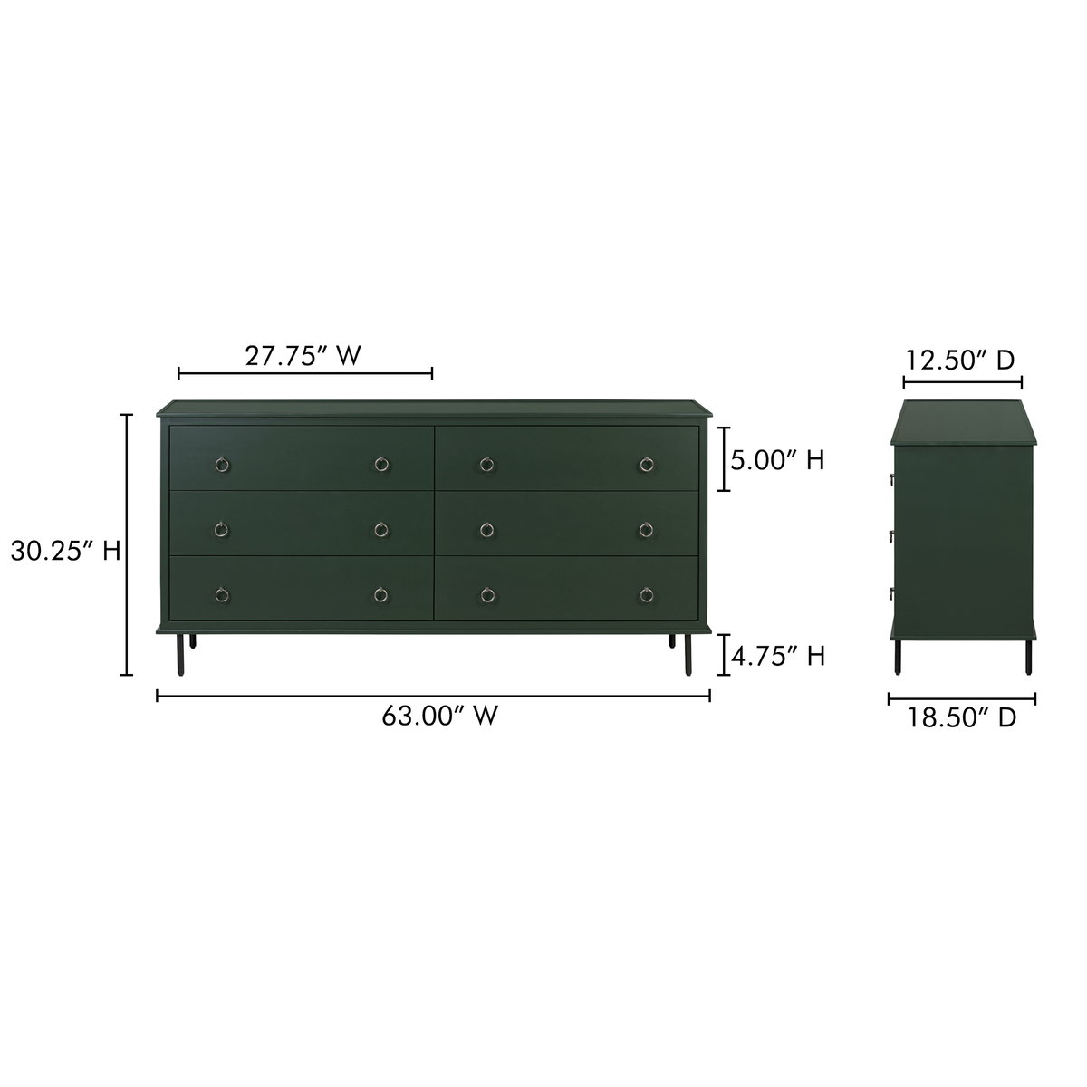 Reagan 6 Drawer Dresser Deep Green, by Moe's Home, 63" width x 30.25" height x 18.5" depth View 12