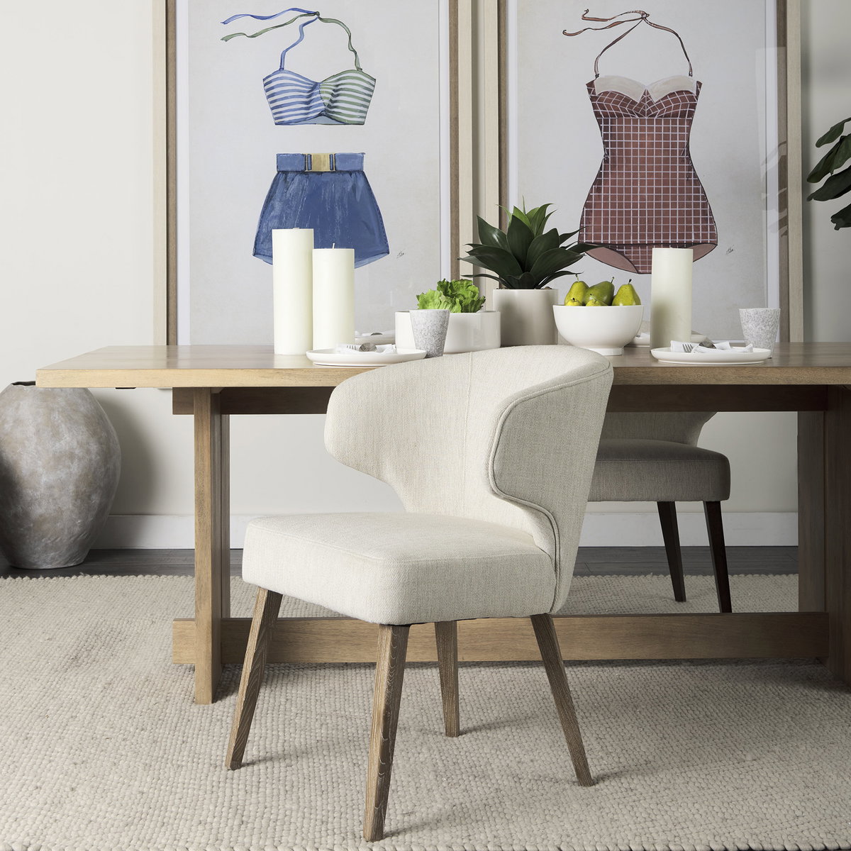 Niles Wingback Dining Side Chair | Cream Fabric with Medium Brown Wooden, Dining Chair by Mercana, 22.5" length x 24.5" width x 32" height View 3