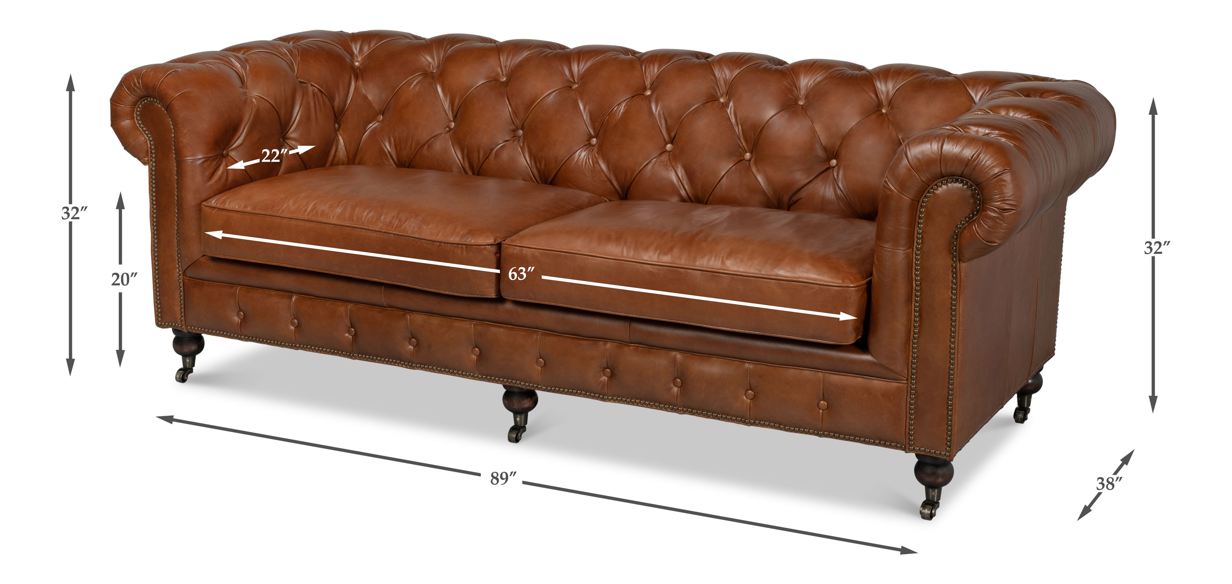 Castered Chesterfield Sofa, Sofas & Sectional by Sarreid, 89" length x 38" width x 32" height View 16