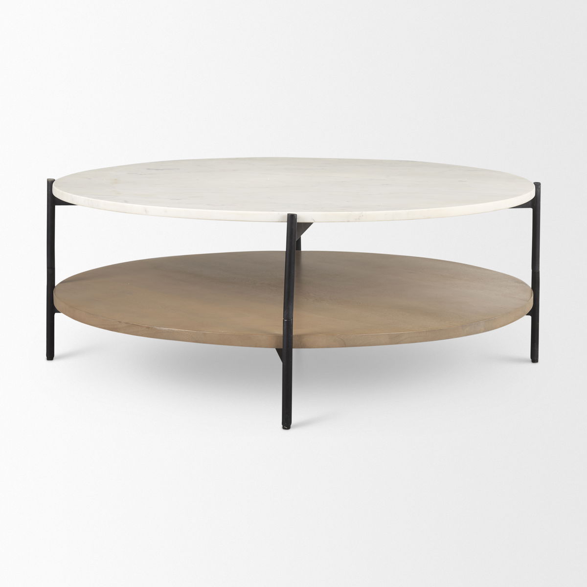 Larkin Marble Top with Brown Wood Shelf Round Coffee Table, by Mercana, 42" length x 42" width x 16" height View 4