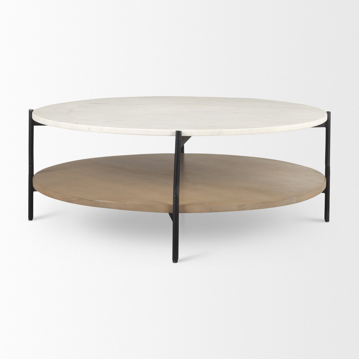 Larkin Marble Top with Brown Wood Shelf Round Coffee Table, by Mercana, 42" length x 42" width x 16" height View 4